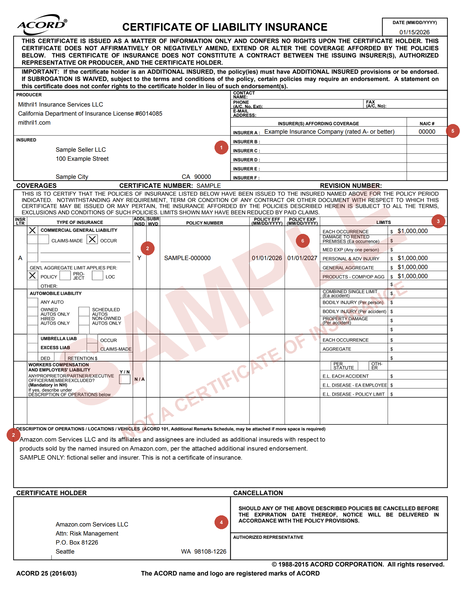Sample Amazon certificate of insurance on the standard ACORD 25 form for a fictional seller, marked SAMPLE, with numbered markers